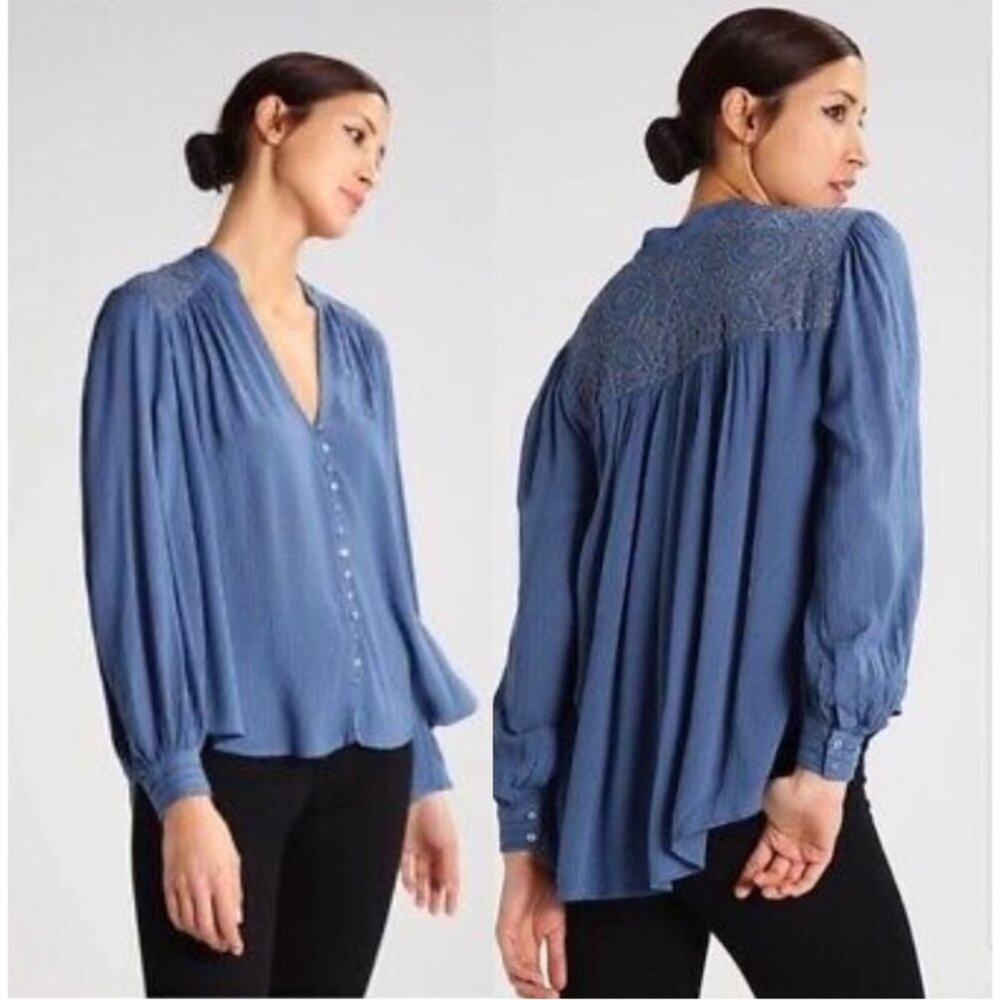 Free People Canyon Rose Blue Button Front Embroidered Blouse